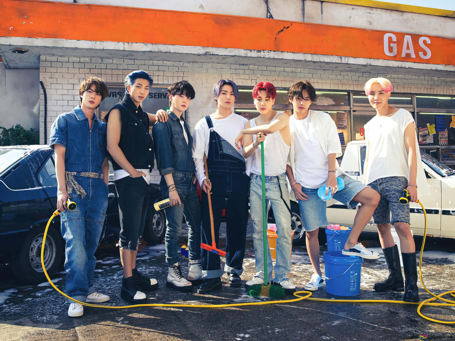 Bts Photoshoot At A Gas Station Background