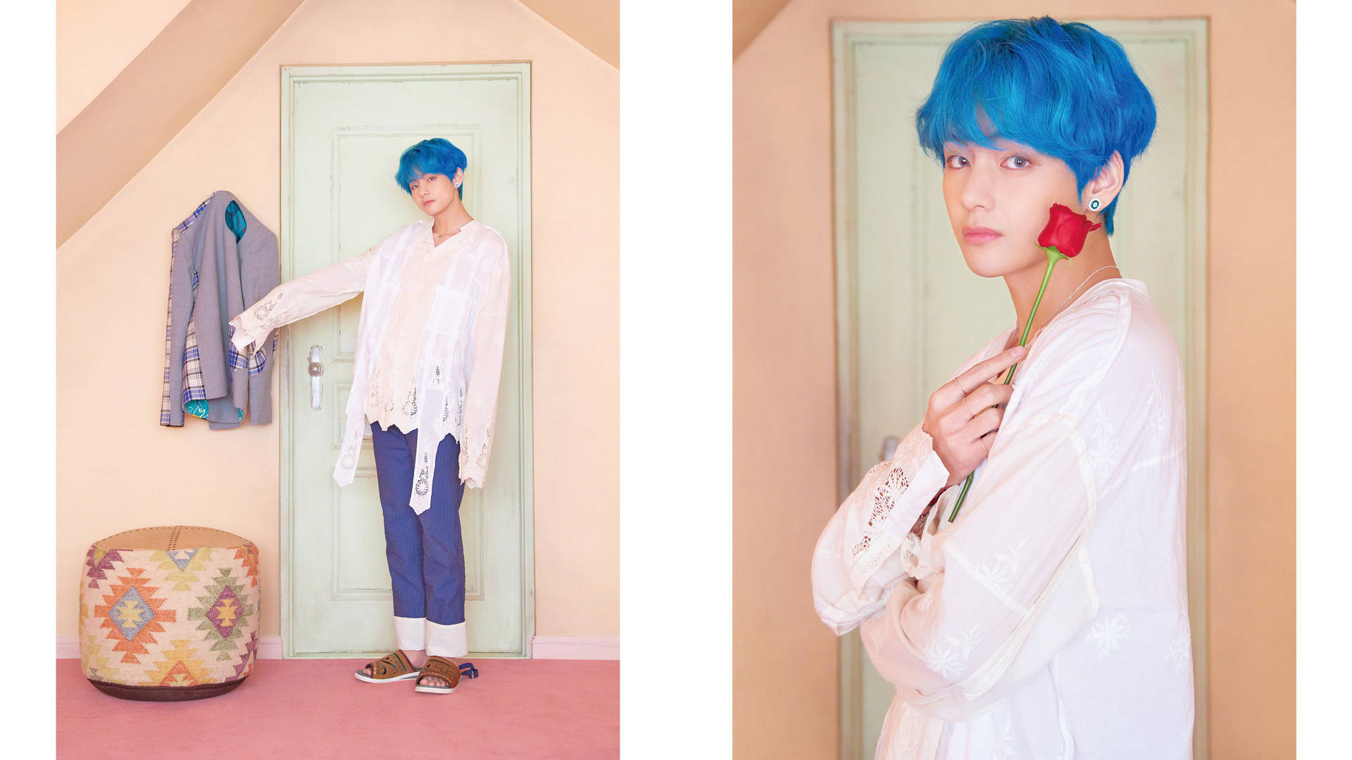 Bts Tae Hyung Against Green Door Background