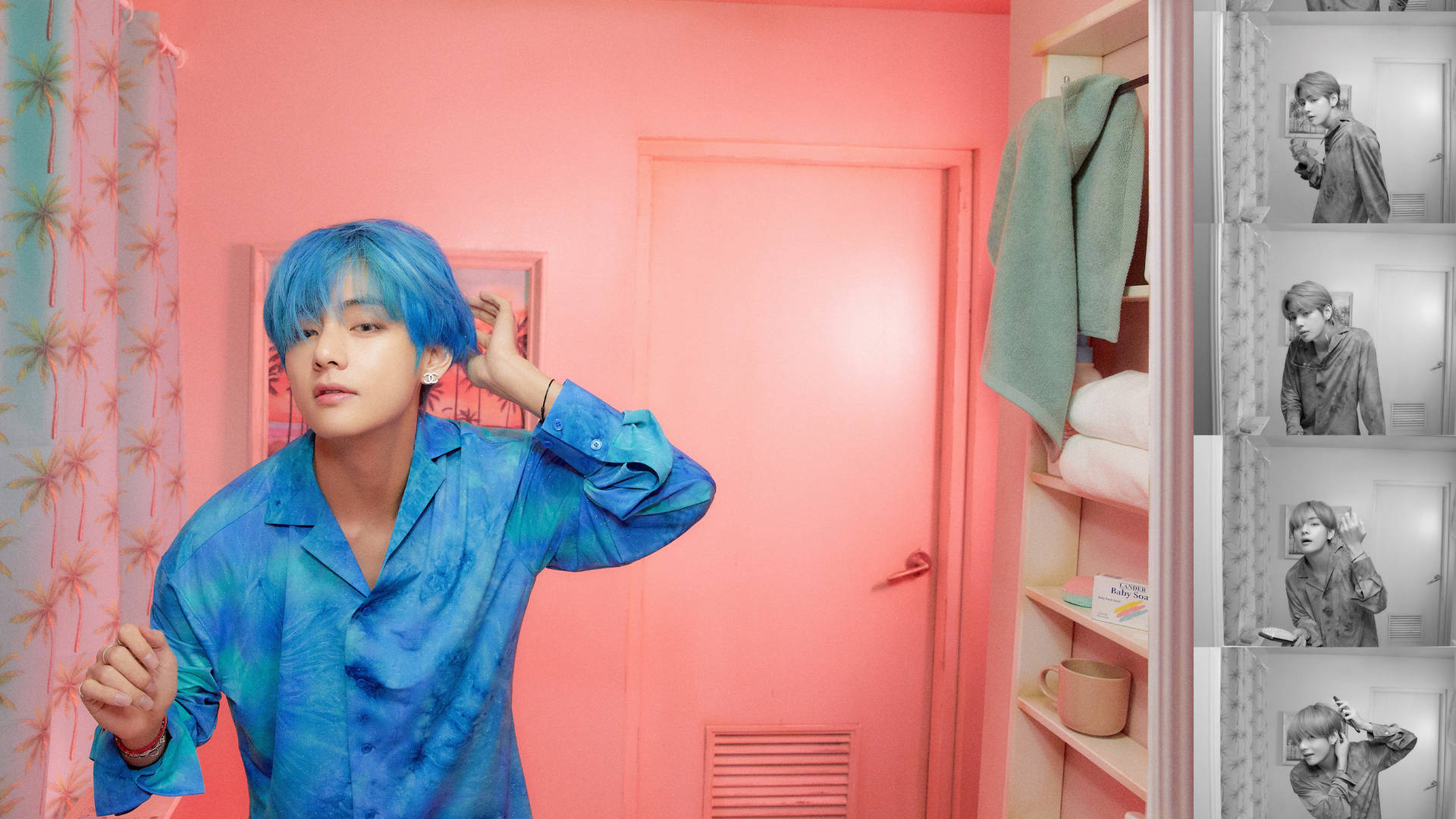 Bts Tae Hyung In Pink Bathroom Background