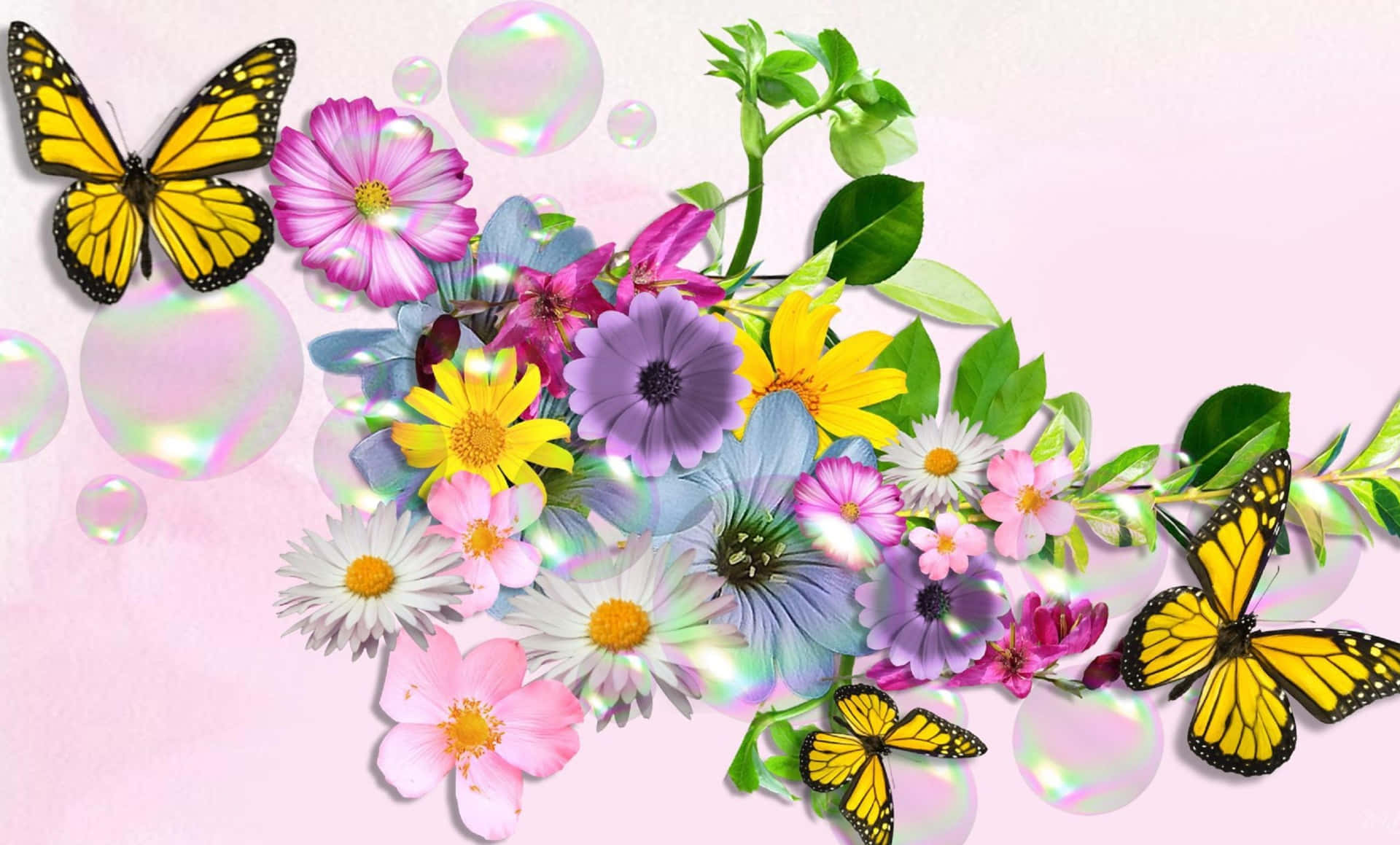 Bubbles Flowers And Butterflies Background