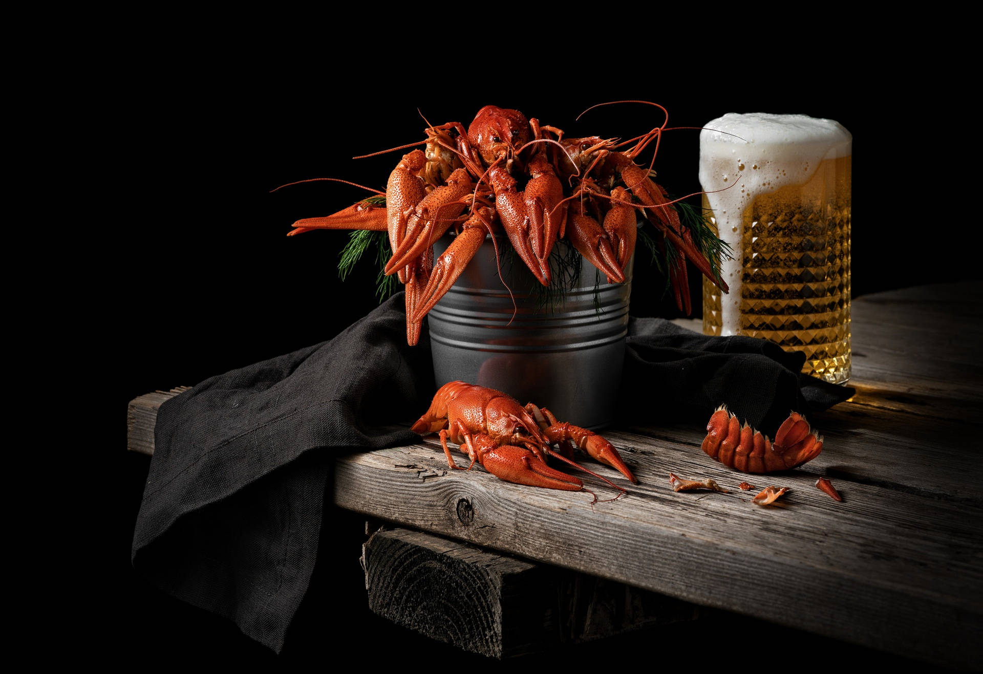 Bucket Of Lobster With Beer Background