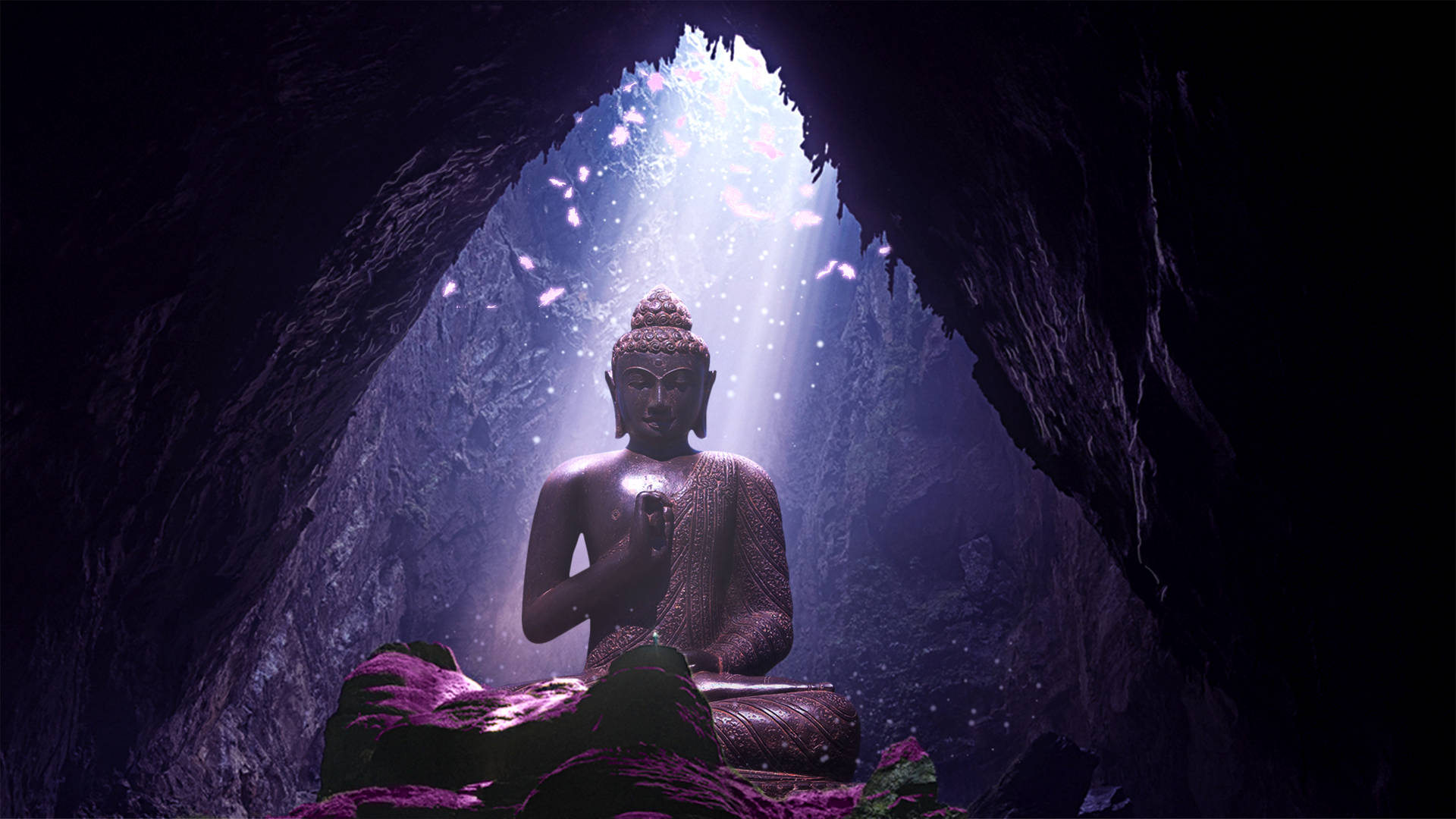Buddha 3d Statue Inside A Cave Background