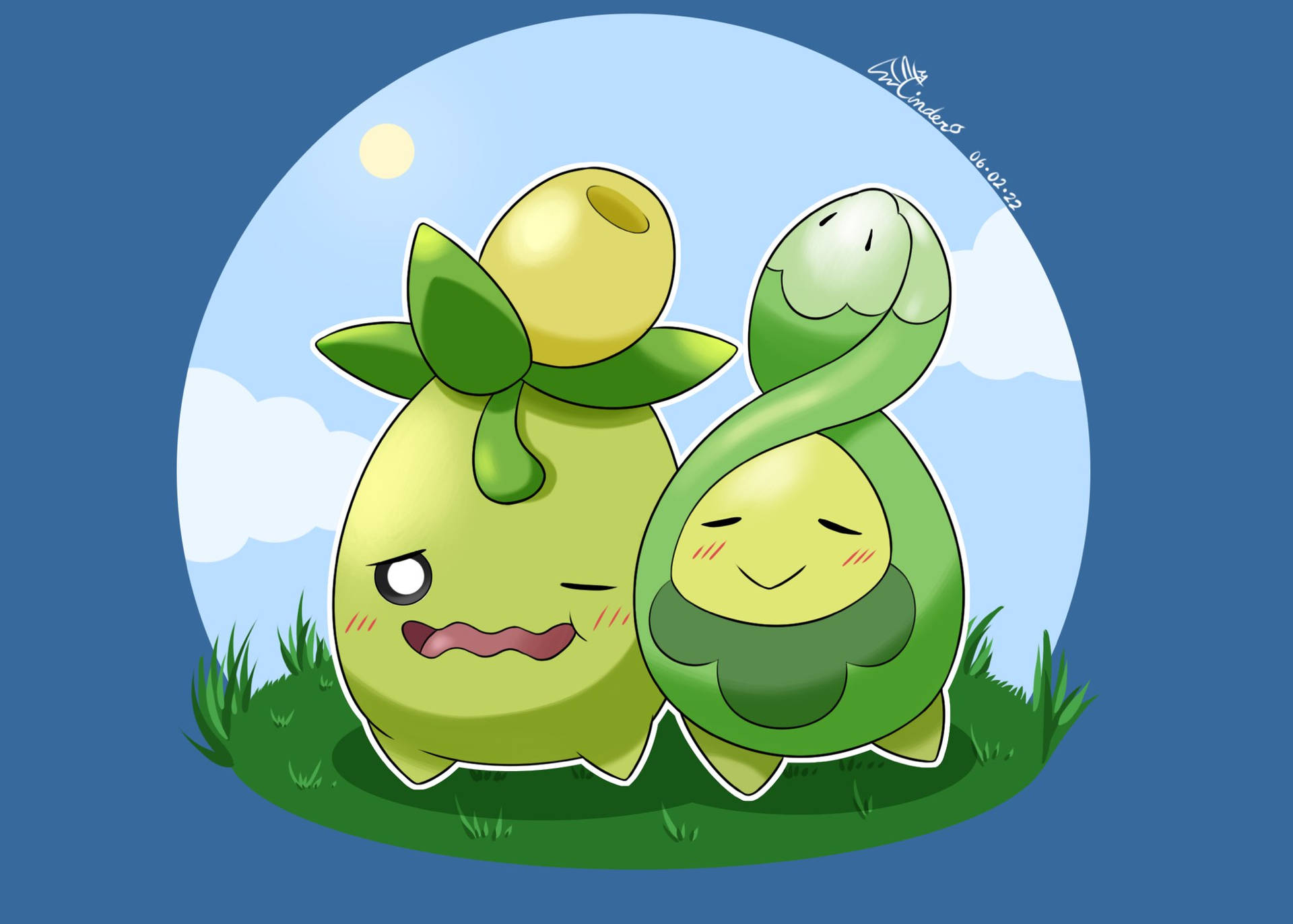 Budew And Smoliv On Grass Field Background