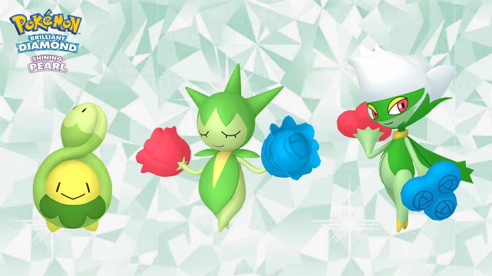 Budew, Roselia, And Roserade In Crystal Background Background