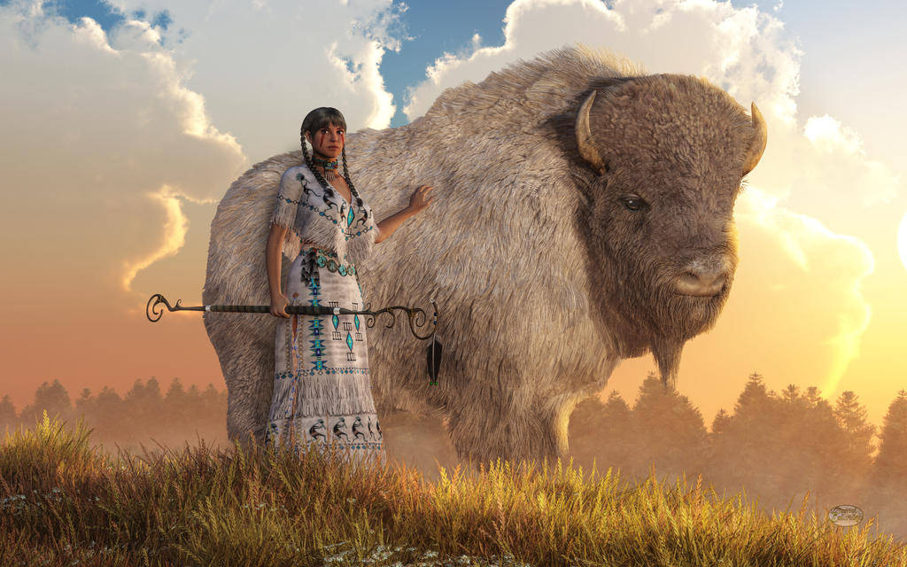 Buffalo And Woman Cartoon Art Background
