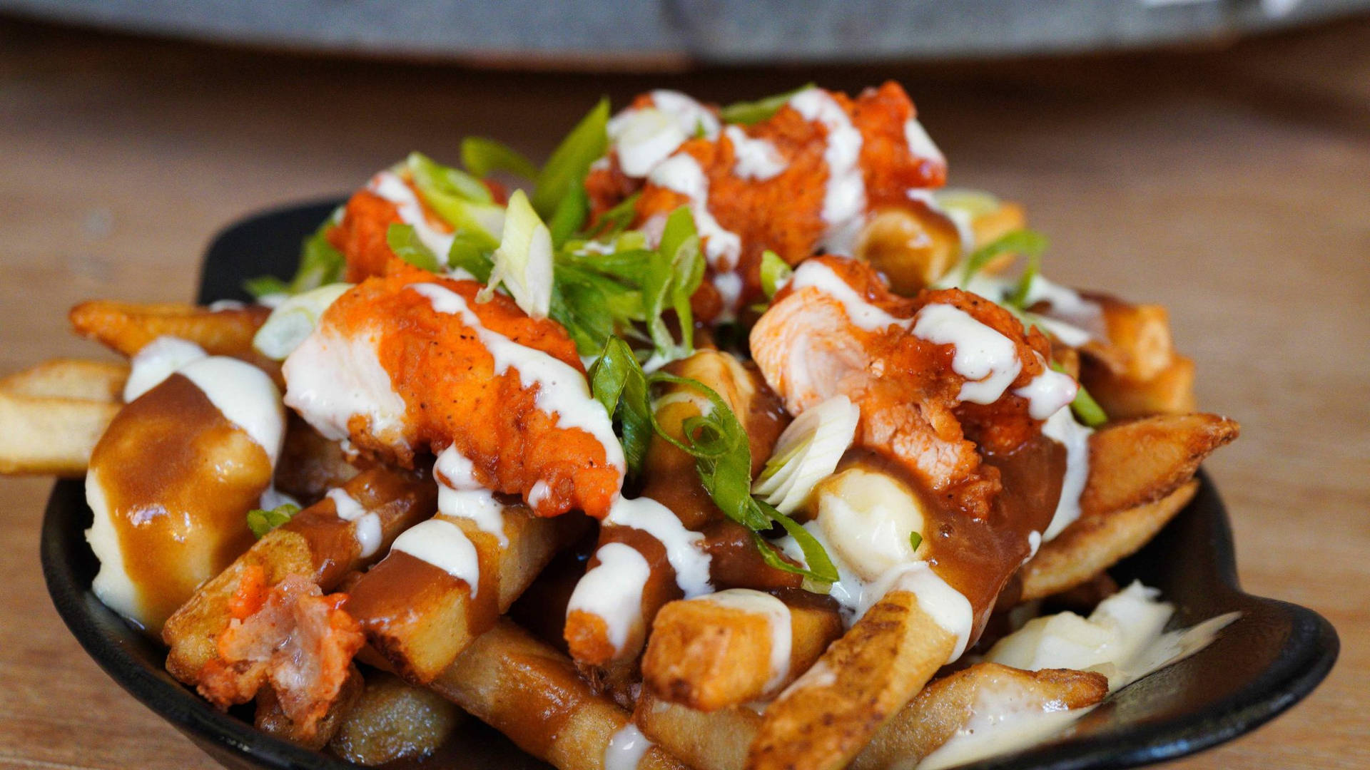 Buffalo Chicken Poutine With Cream Background