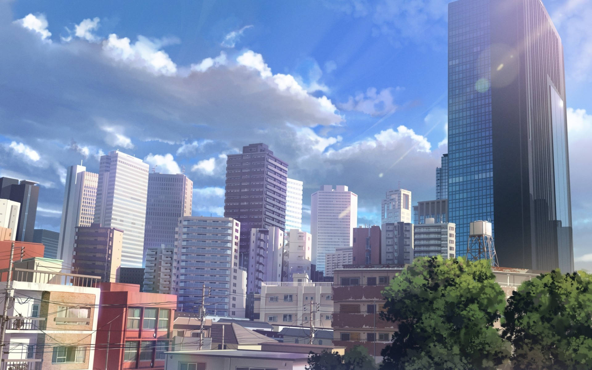 Buildings And Cloudy Sky Anime City Background Background