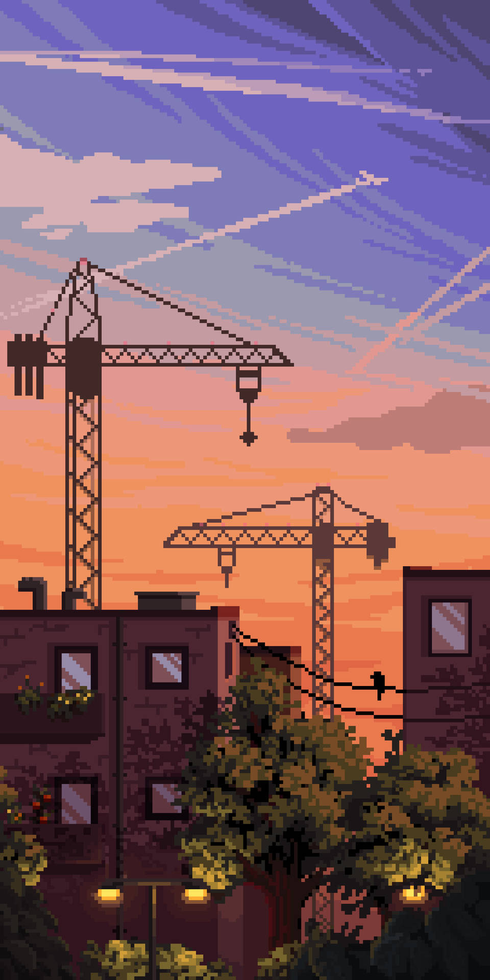 Buildings And Tower Cranes In Aesthetic Pixel Art Background