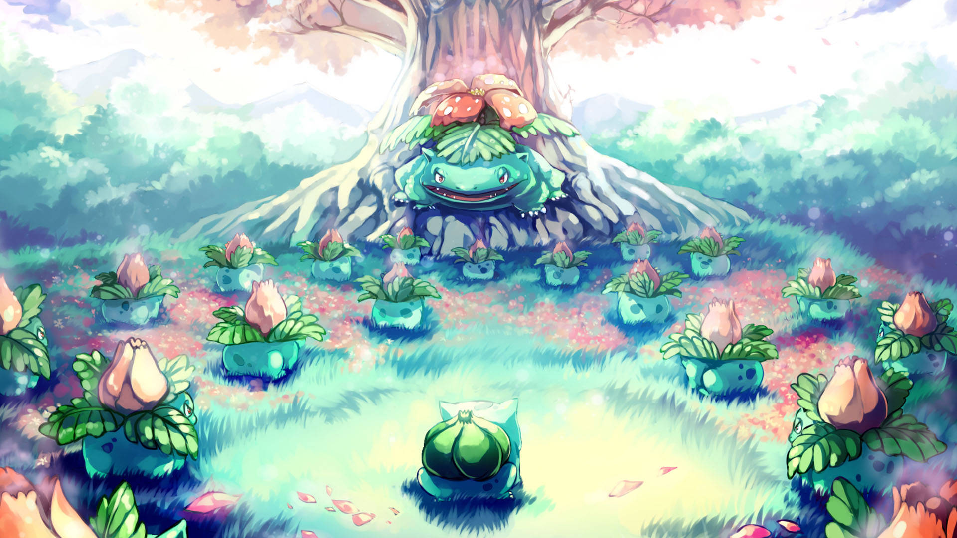 Bulbasaur Swinging On A Tree Branch In A Forest Background