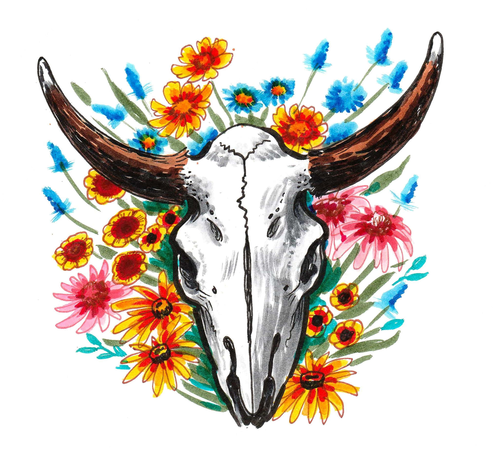 Bull Skull And Flowers Sketch Background