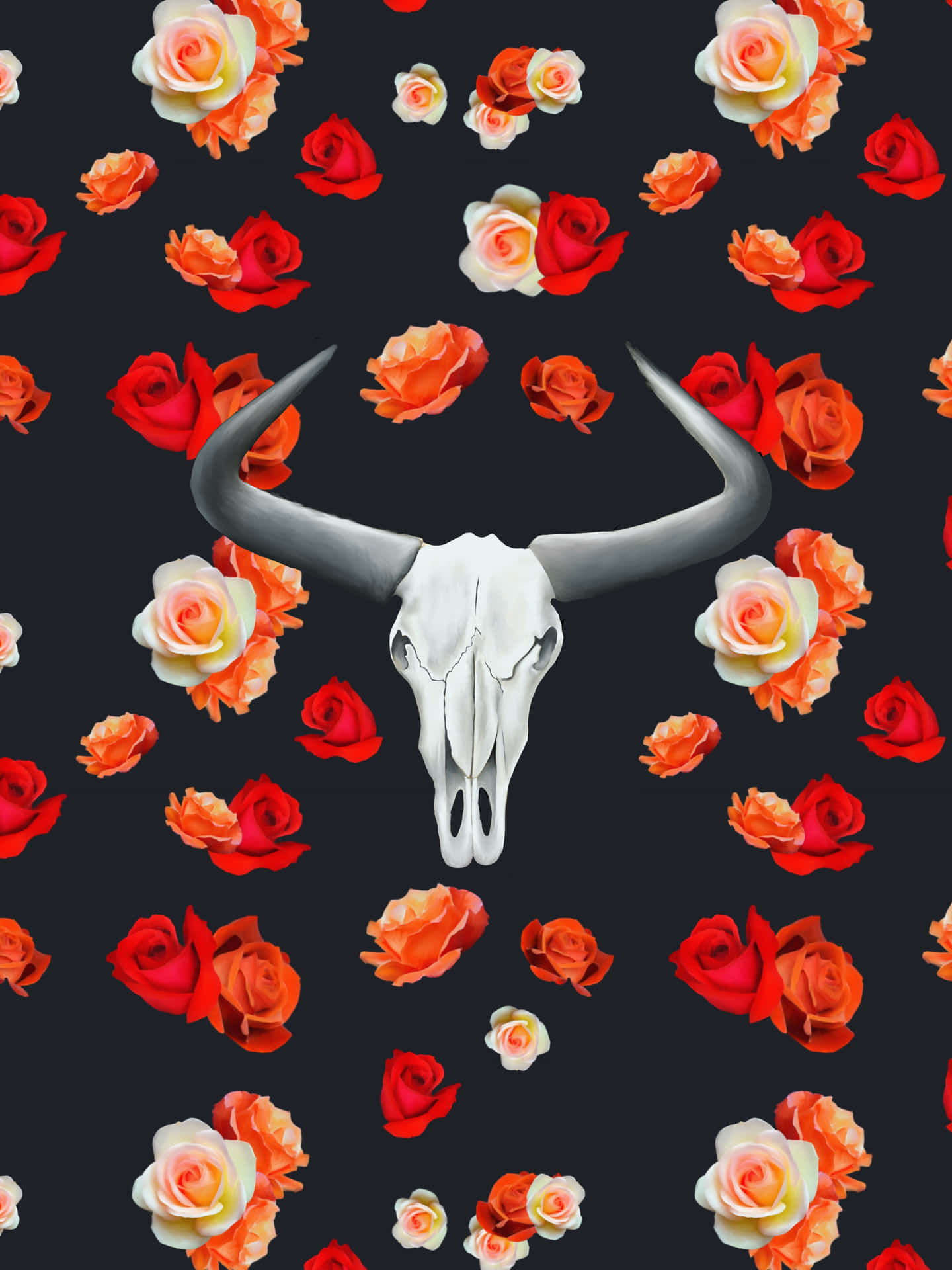 Bull Skull On Floral Pattern Background