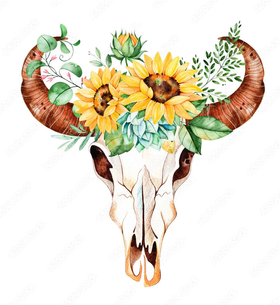 Bull Skull With Flower Crown Background