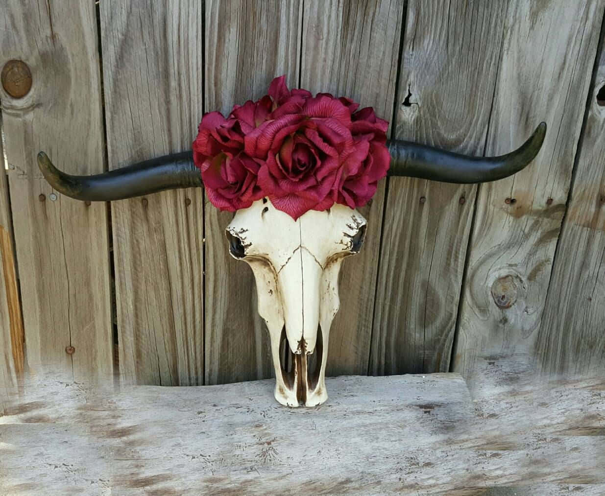 Bull Skull With Flower On Wooden Wall Background