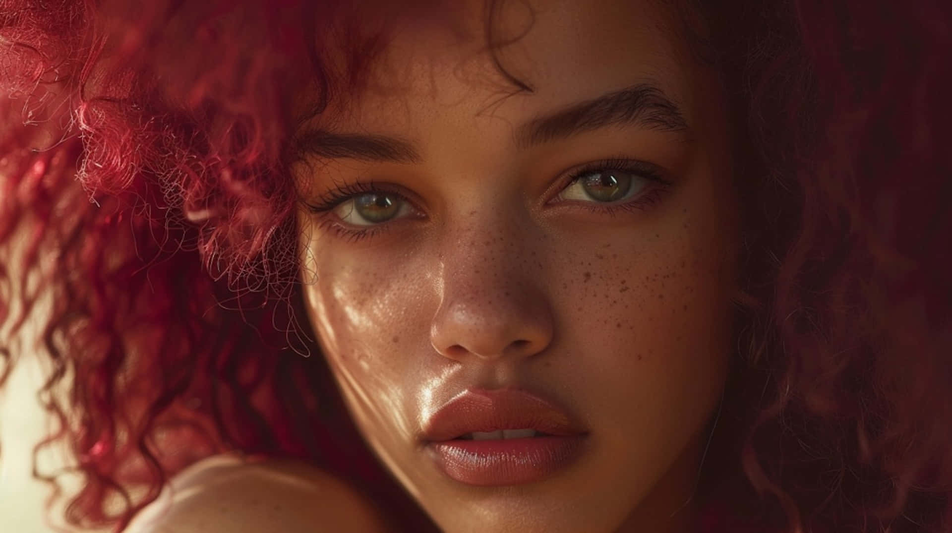 Burgundy Curled Woman Portrait Background