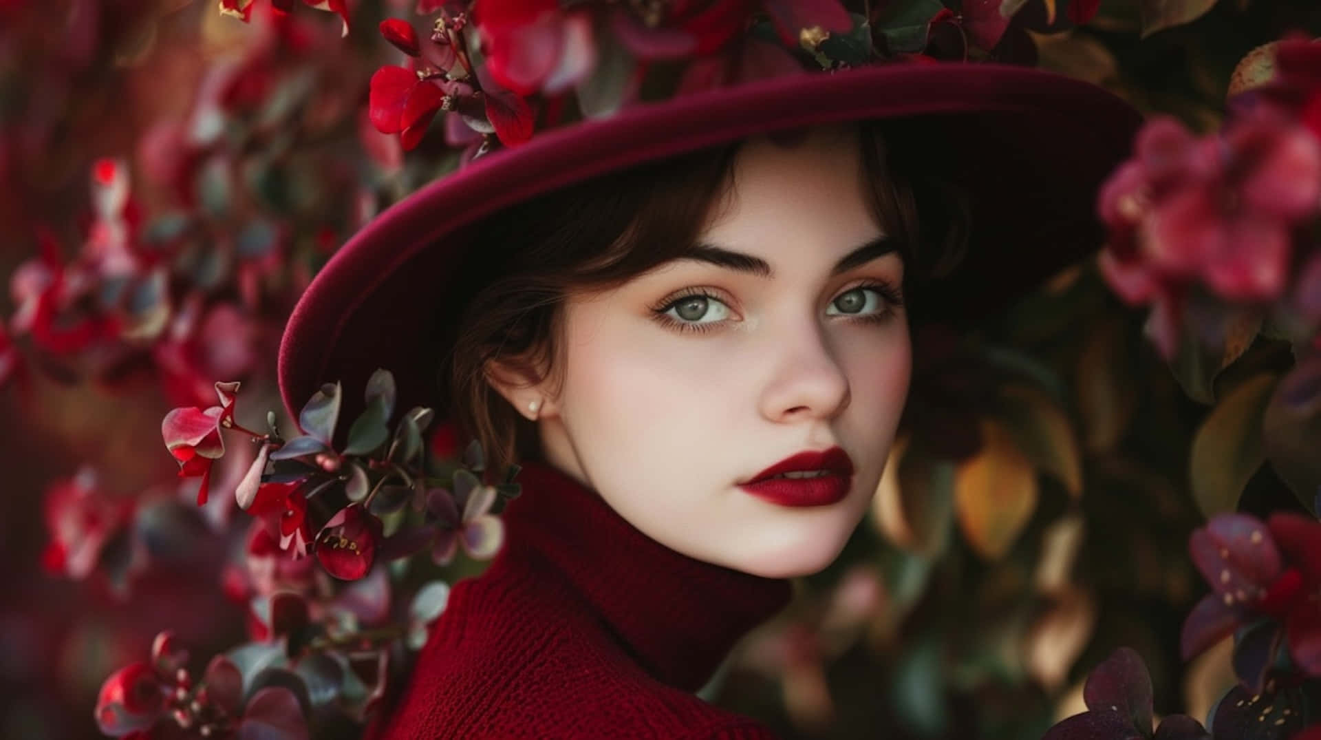 Burgundy Hat Woman Among Flowers Background