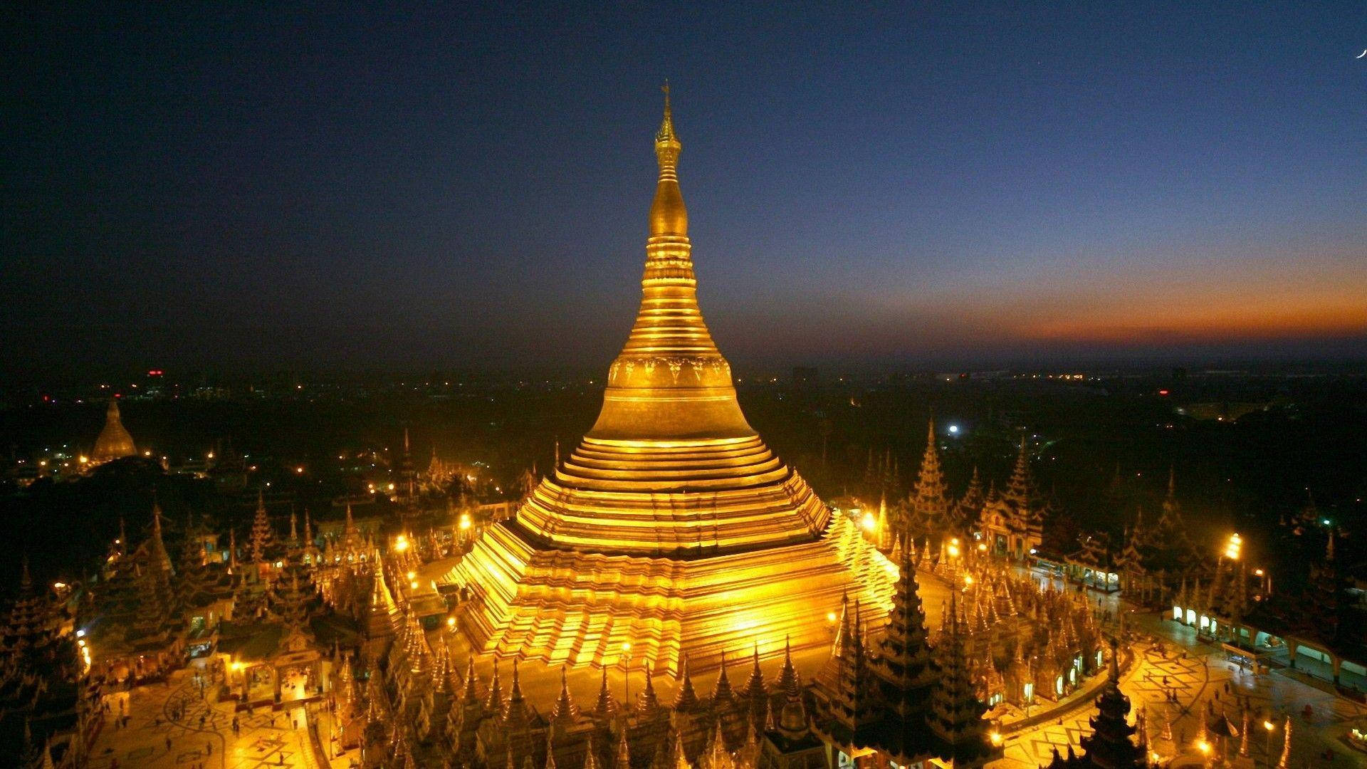 Burma Golden Pagoda Evening Lights Background