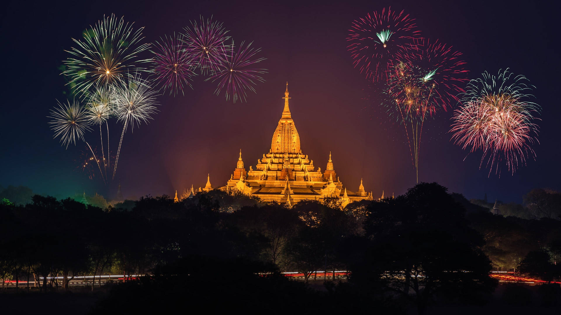 Burma Pagoda Fireworks Background