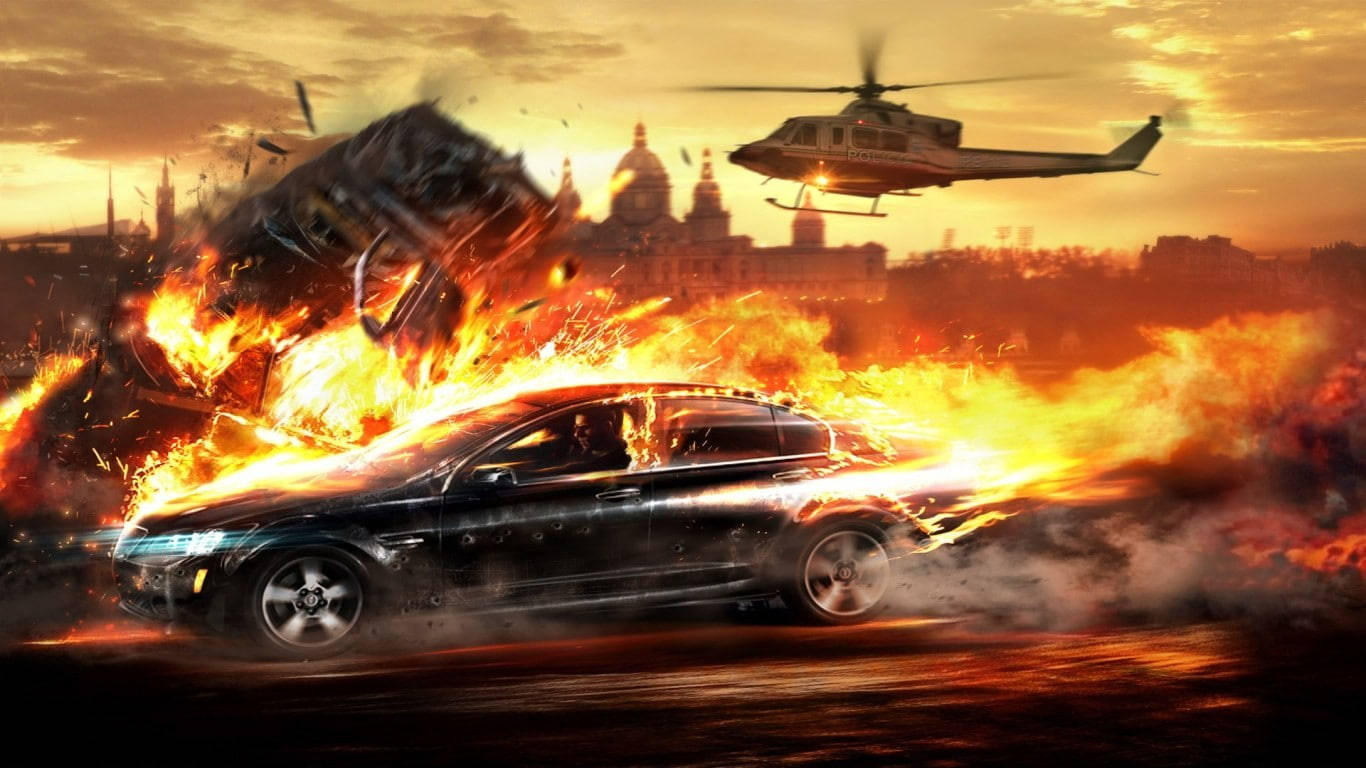 Burning Fire Car Running From Helicopter
