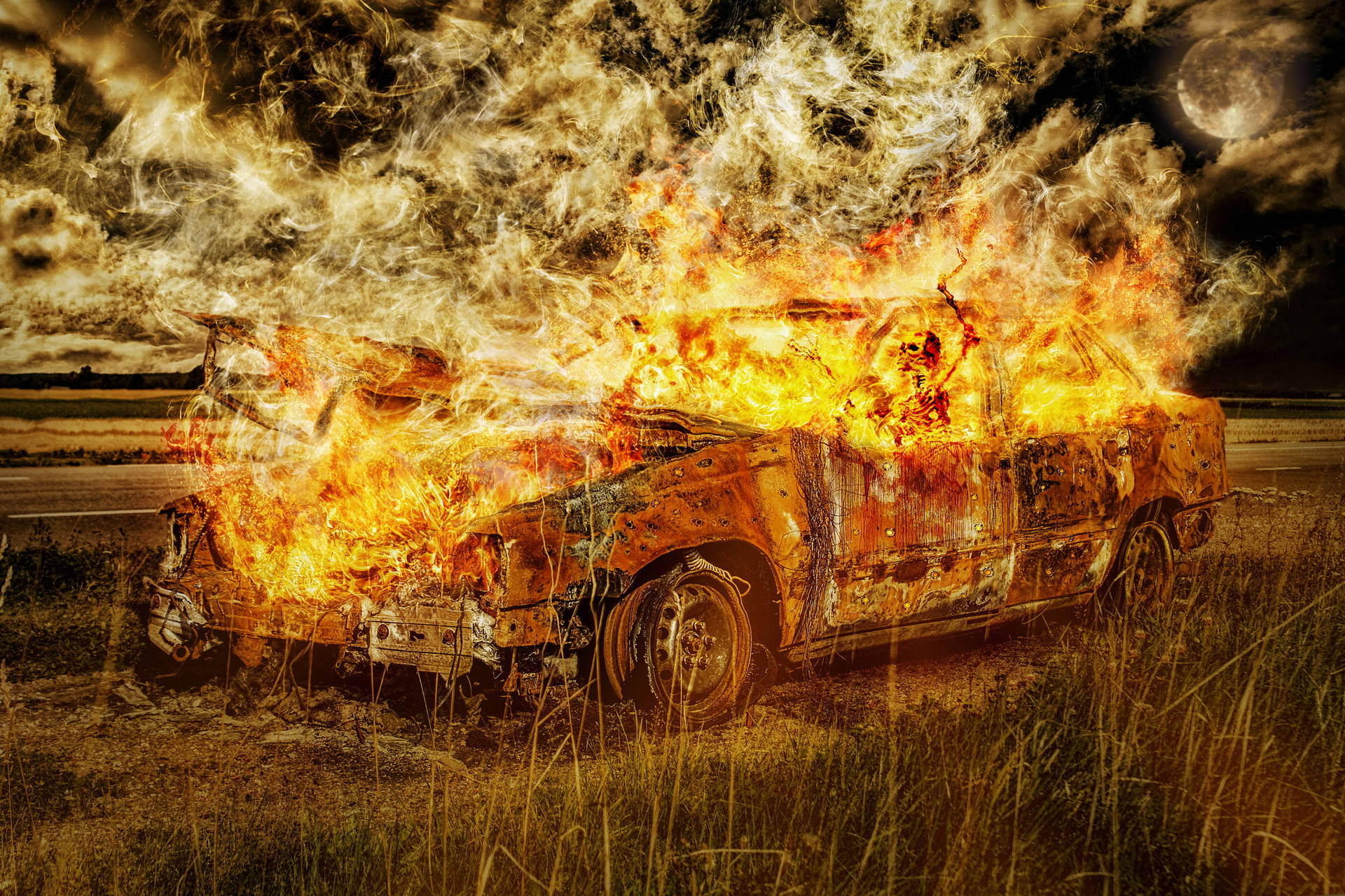 Burning Fire Car With Skeleton Background