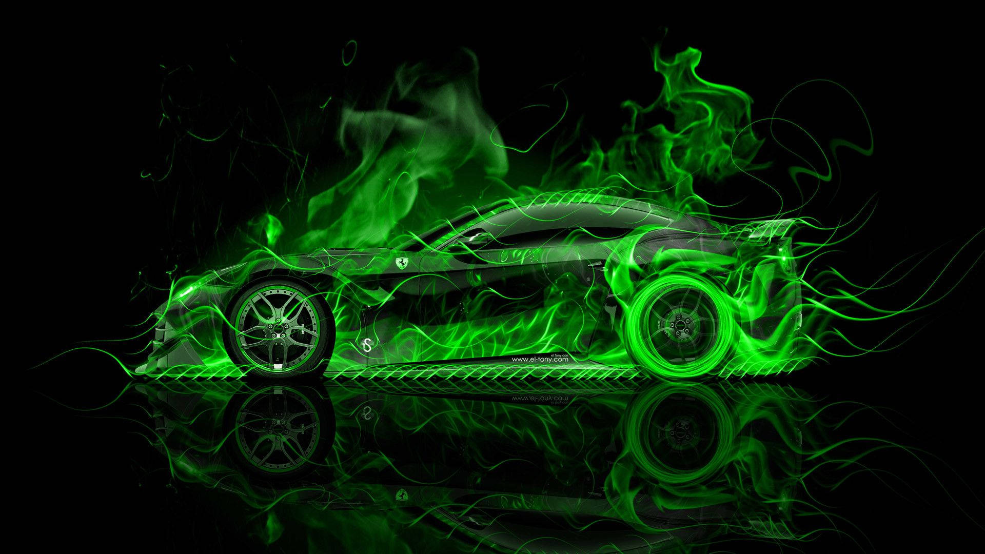 Burning Green Fire Sedan Background