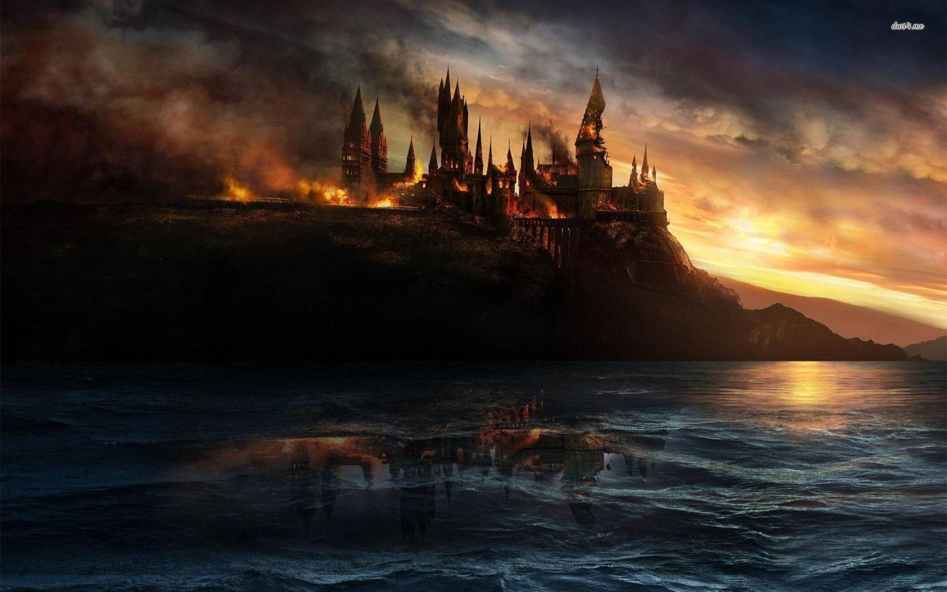 Burning Hogwarts On Horizon Background