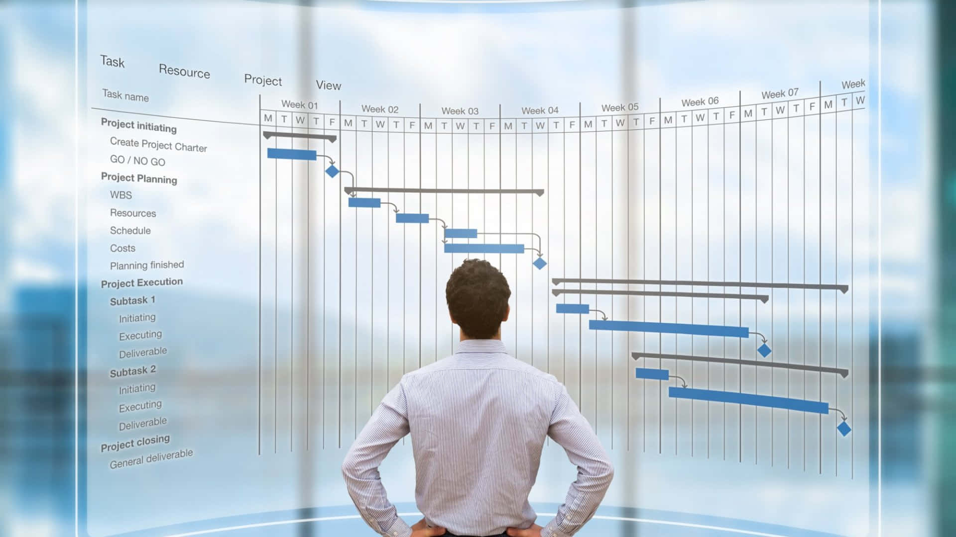 Businessman Staring At Holographic Project Management Schedule Background