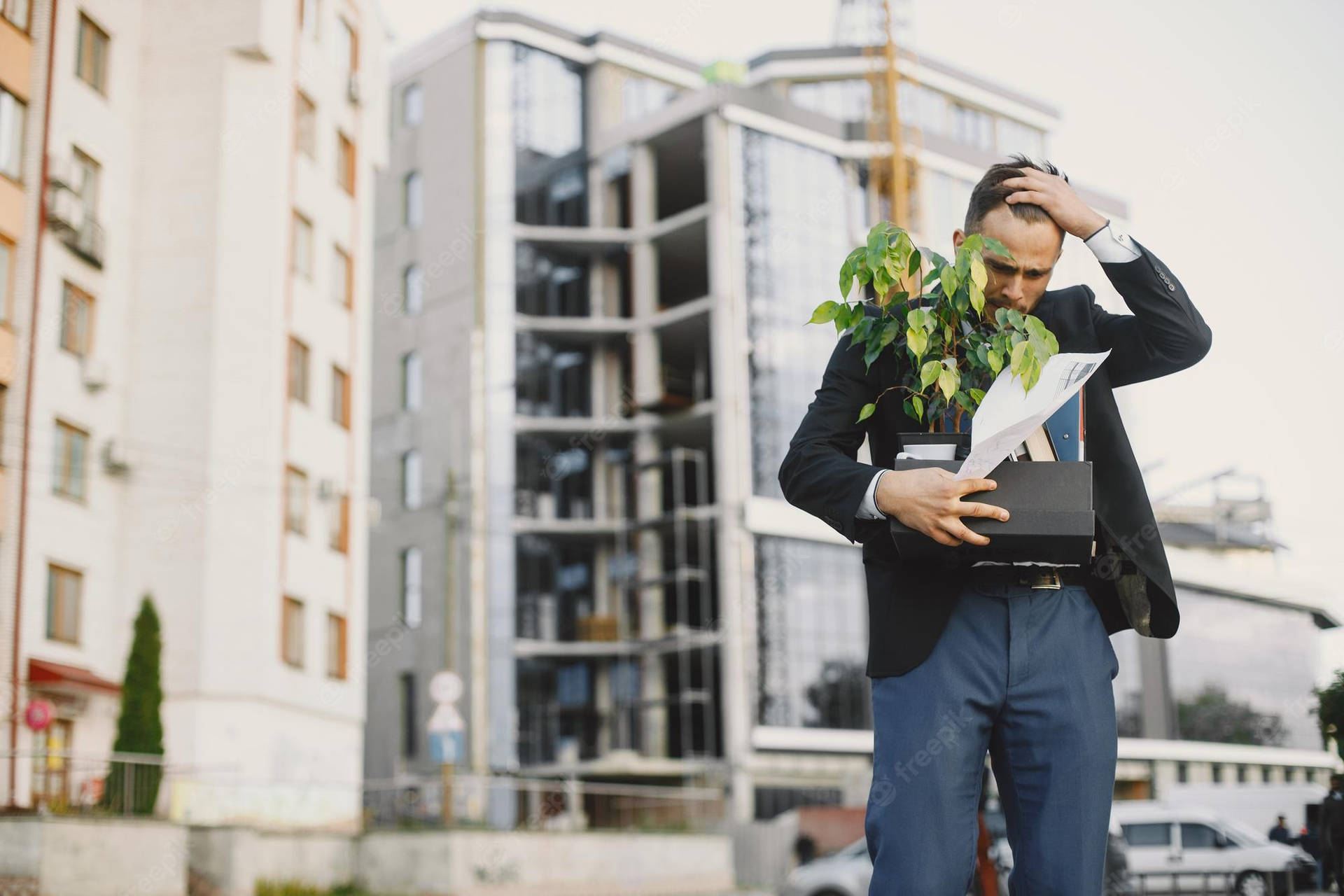 Businessman With Plantand Box Outdoors Background