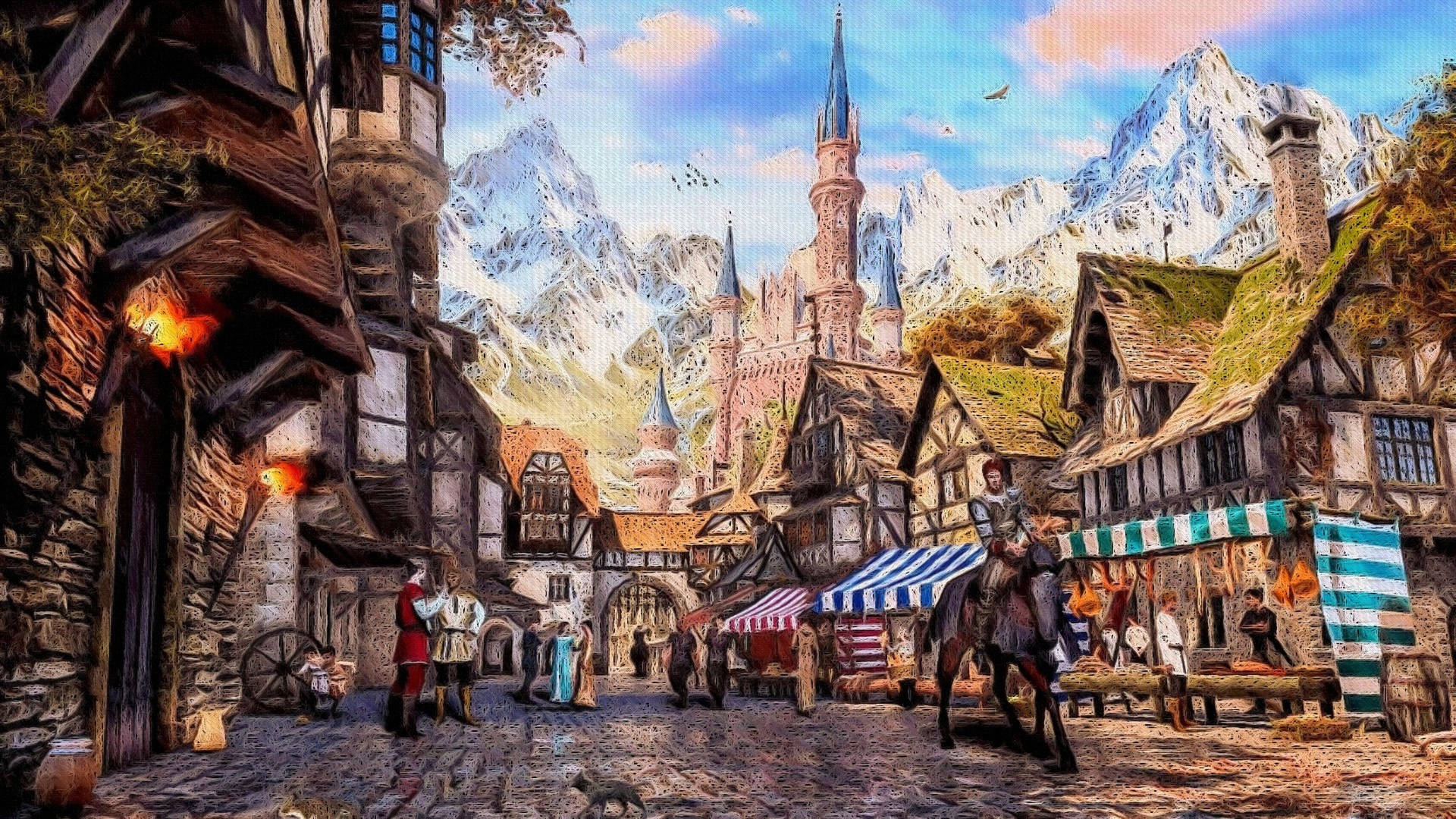 Bustling Medieval Village Market Background