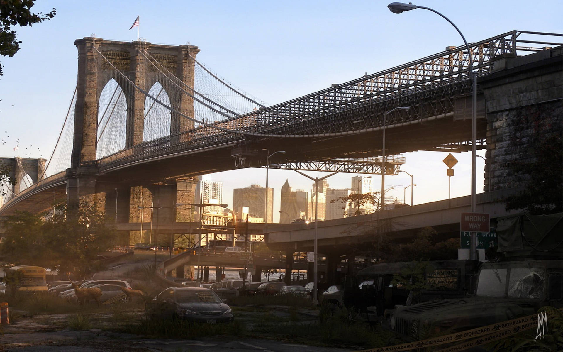 Busy Streets And Brooklyn Bridge Background