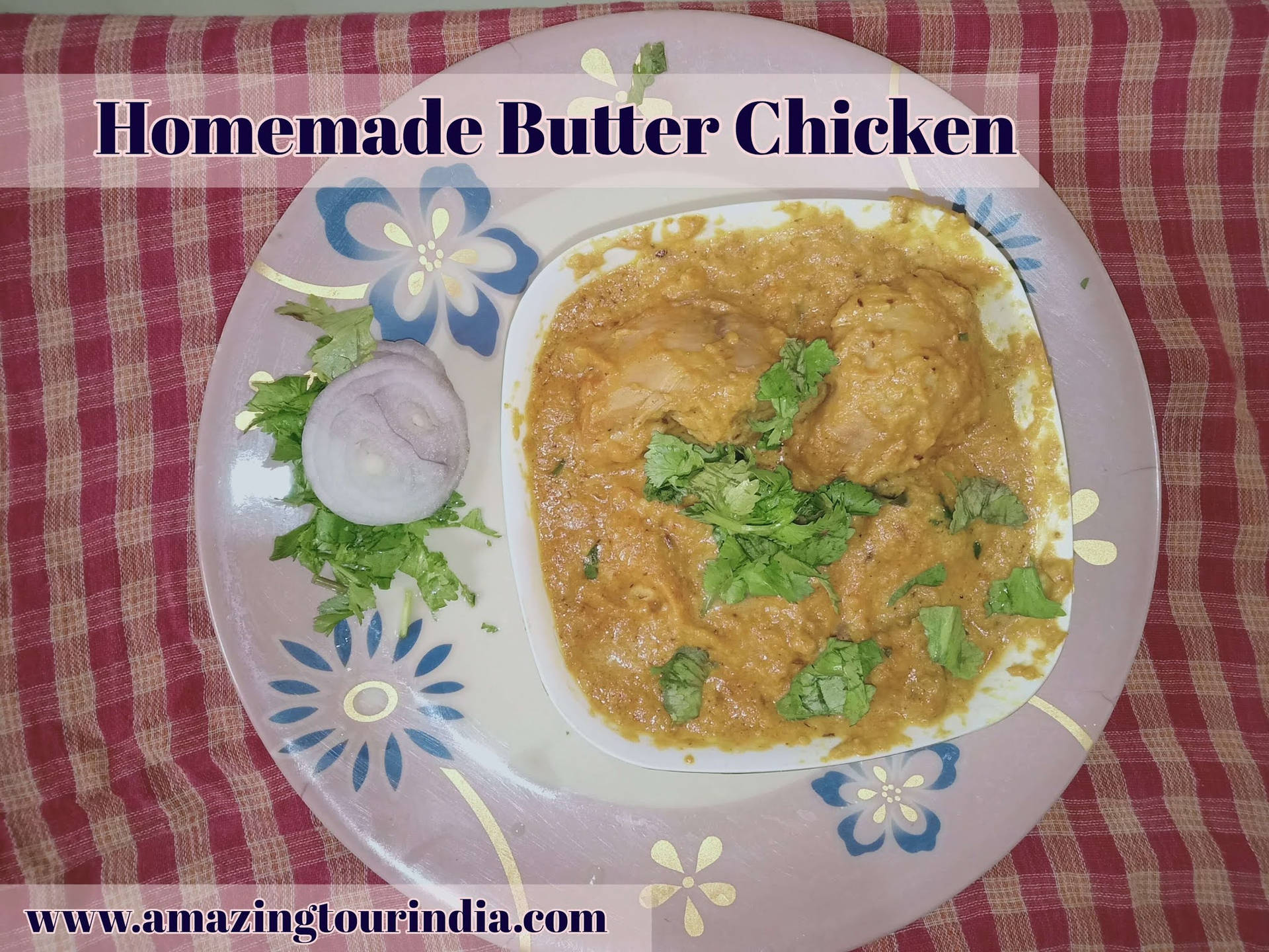 Butter Chicken On Floral Patterned Plate Background