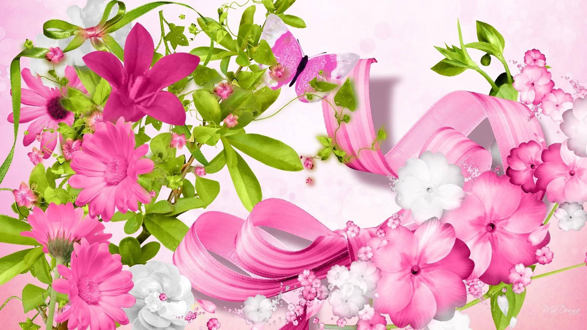 Butterfly Ribbons Cute Pink Flower Background