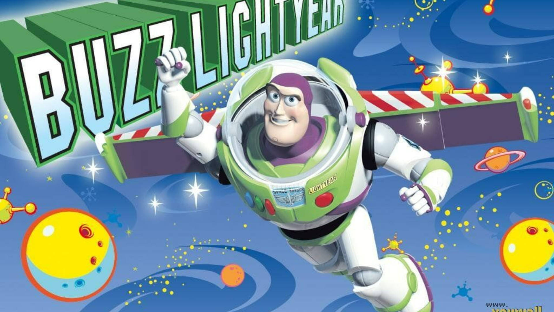 Buzz Lightyear Enjoying A Thrilling Flight In Space Background