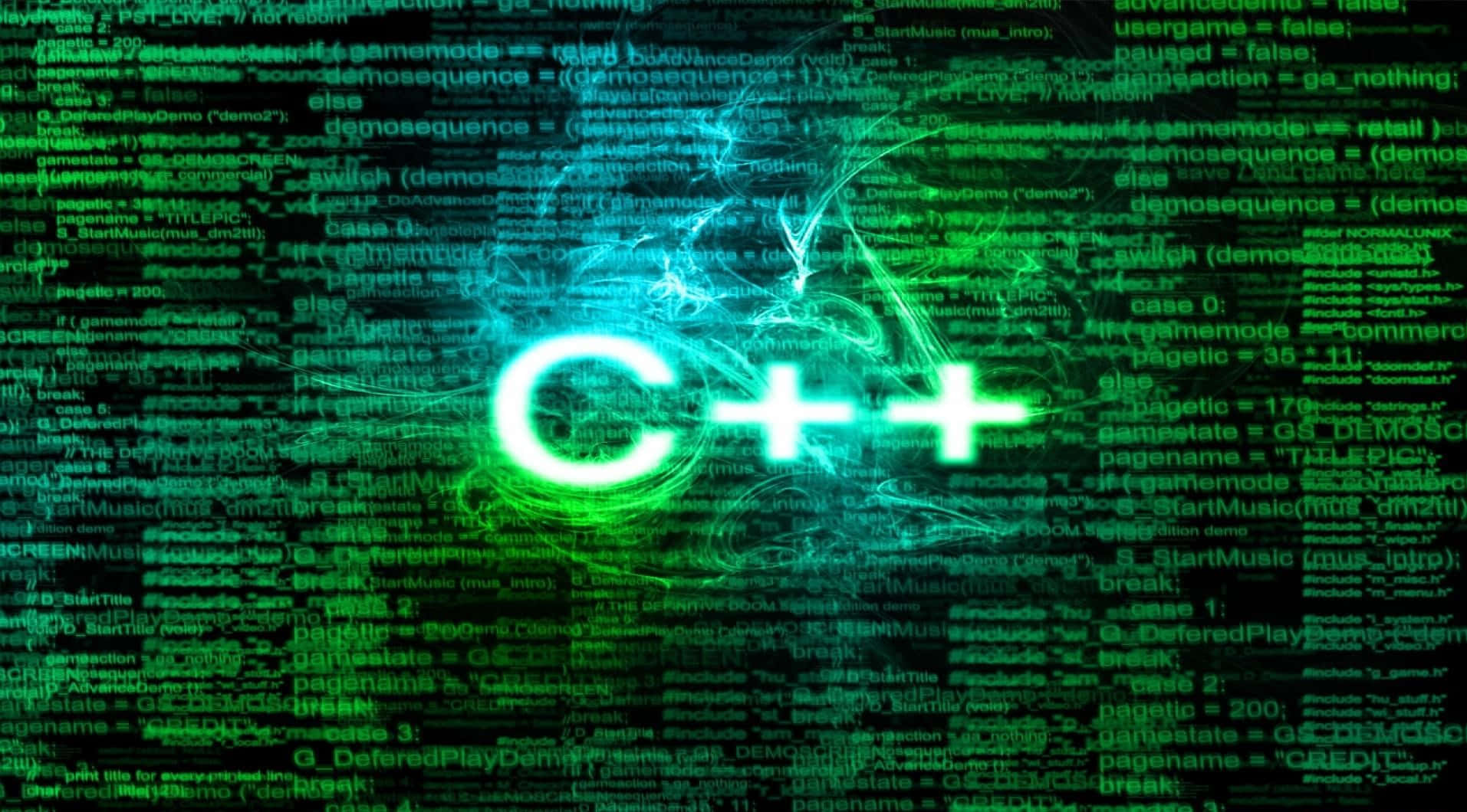 C++ On A Dark Background With Green Lights
