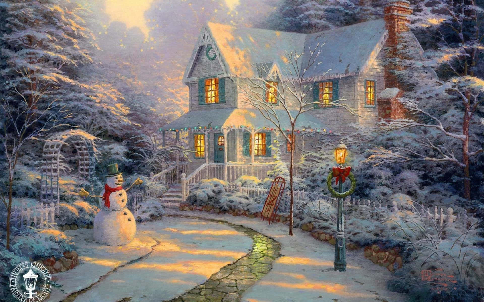 Cabin Covered In Snow Snowman Painting Background