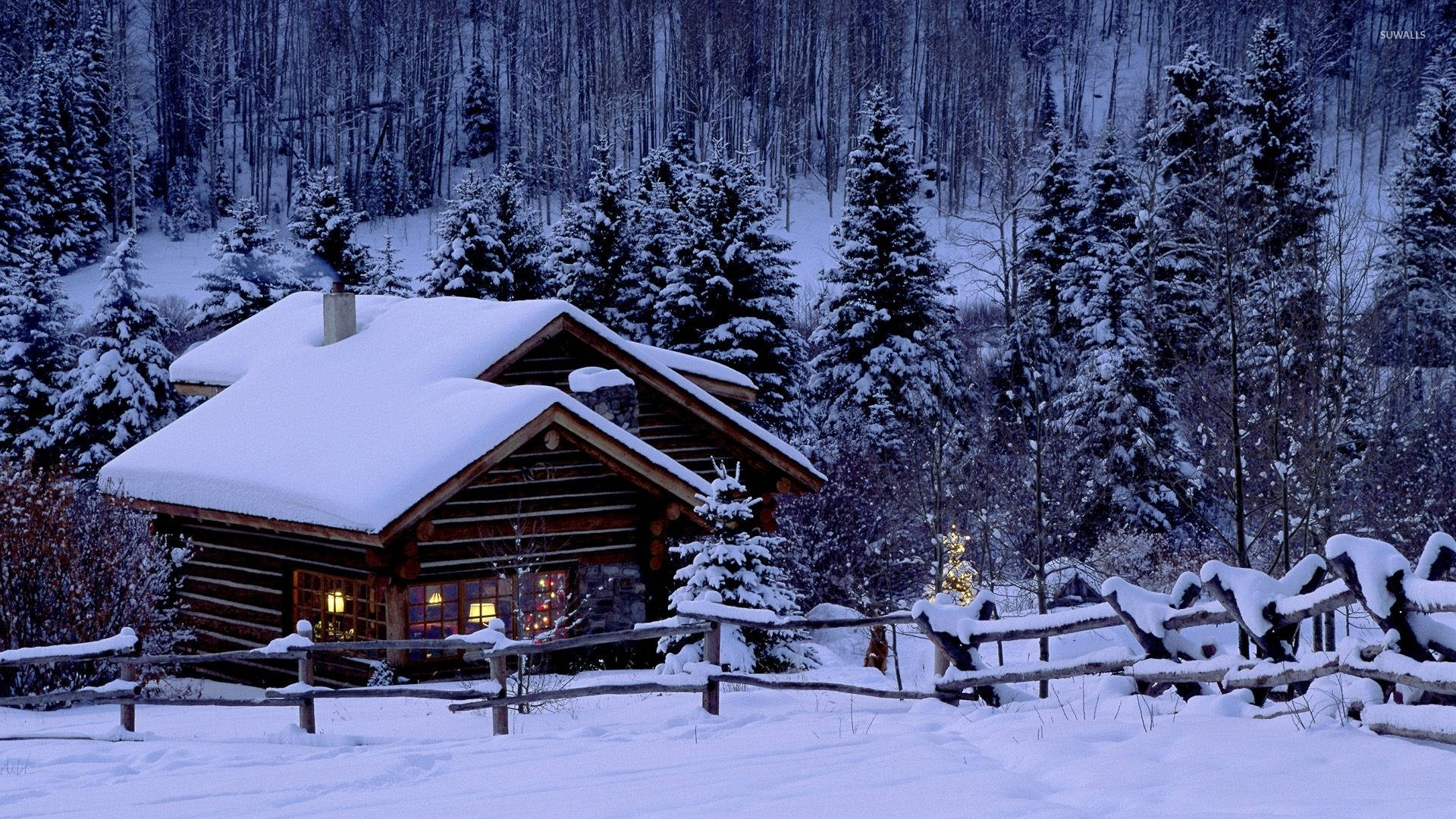 Cabin With Fences In Christmas Forest Background