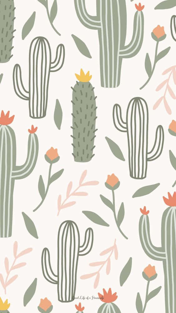 Cactus Pattern With Flowers And Leaves Background