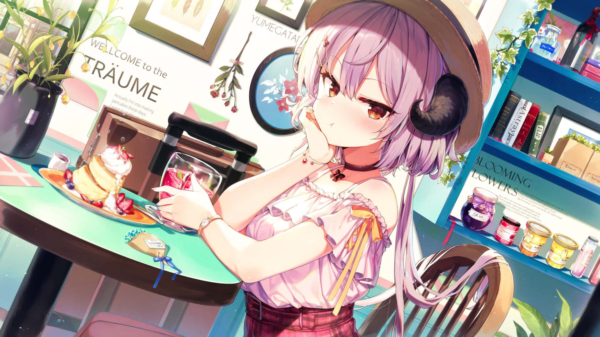 Cafe Anime Girl With Drink Background