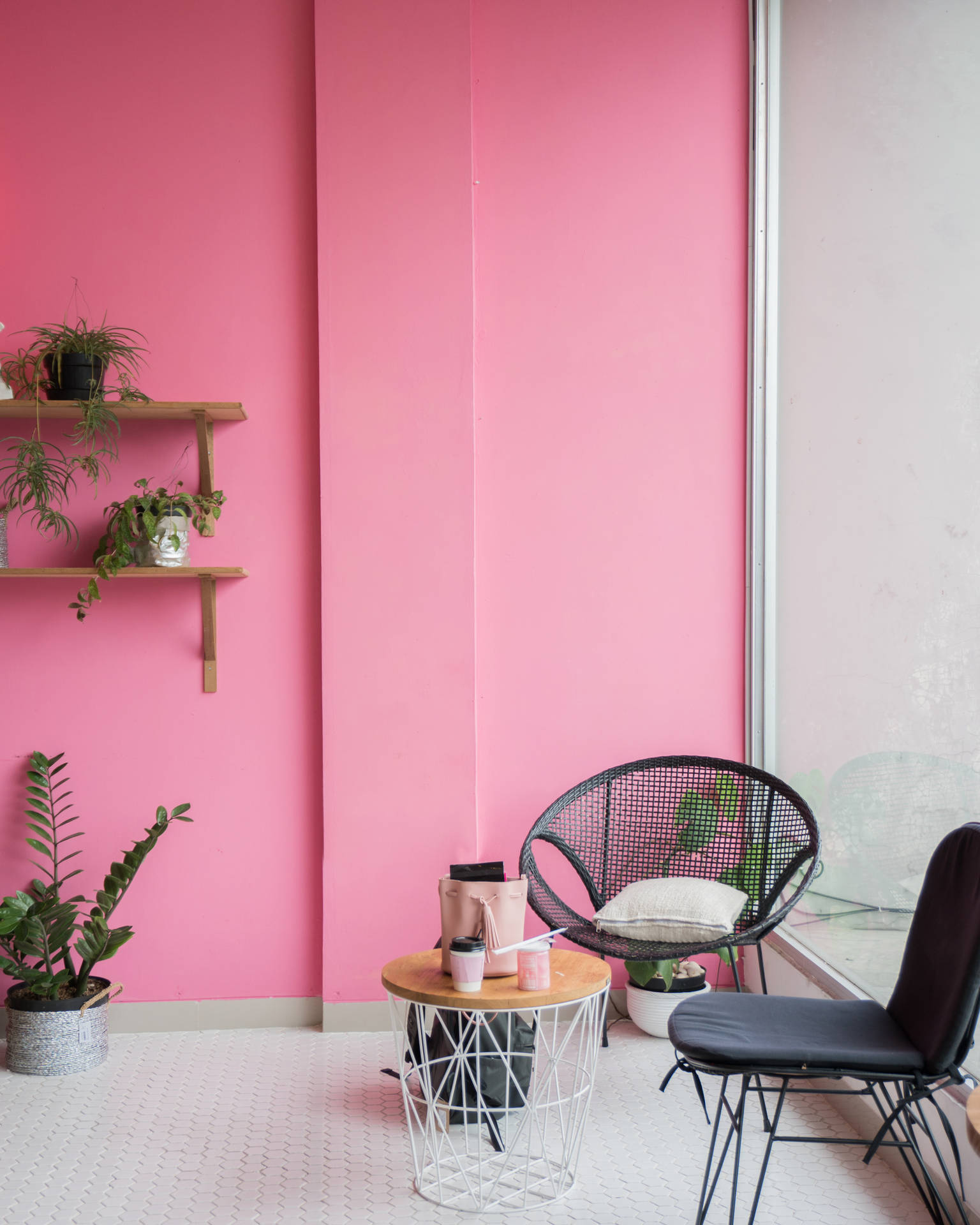 Cafe With Kawaii Pink Wall Background