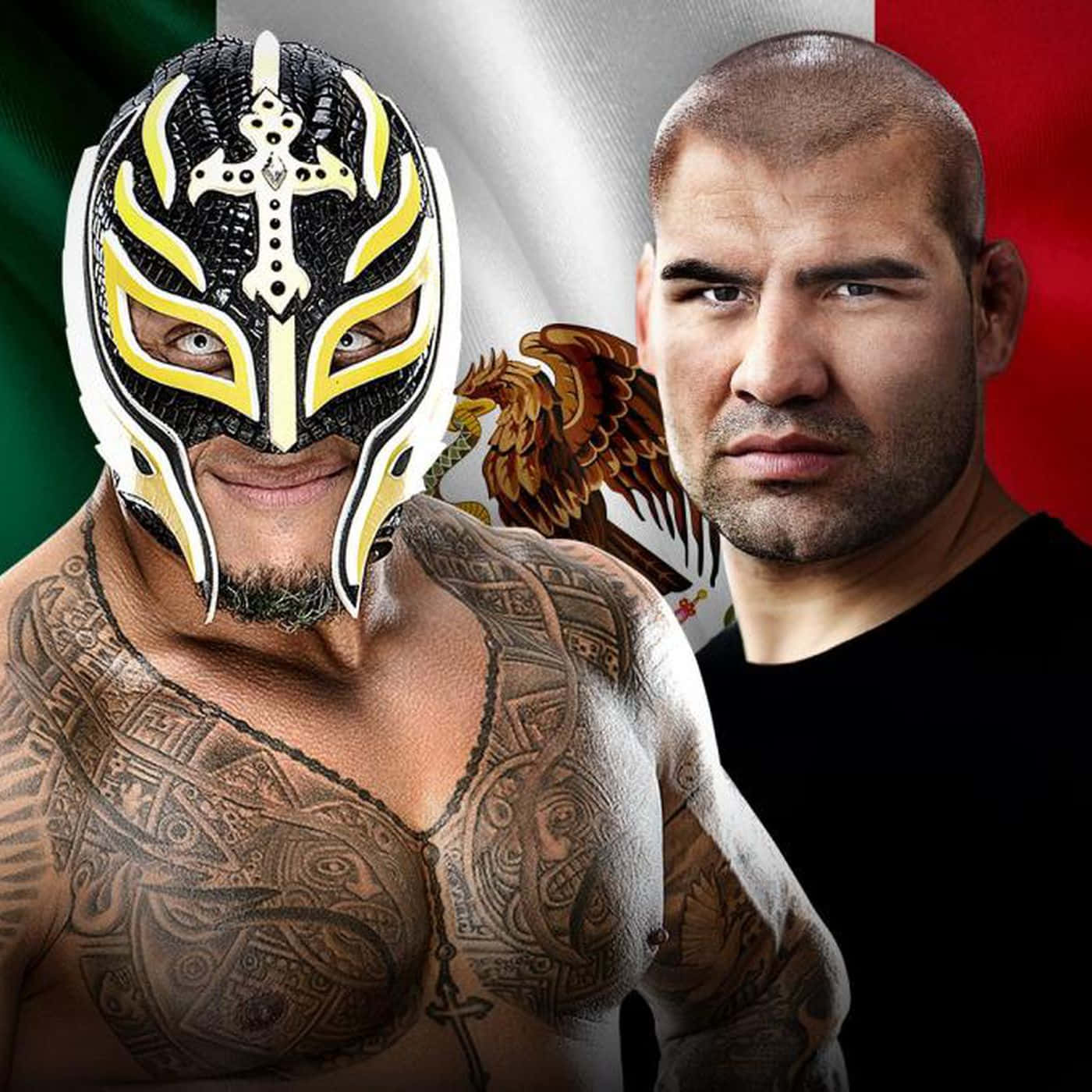 Cain Velasquez With Rey Mysterio In A Powerful Pose Background