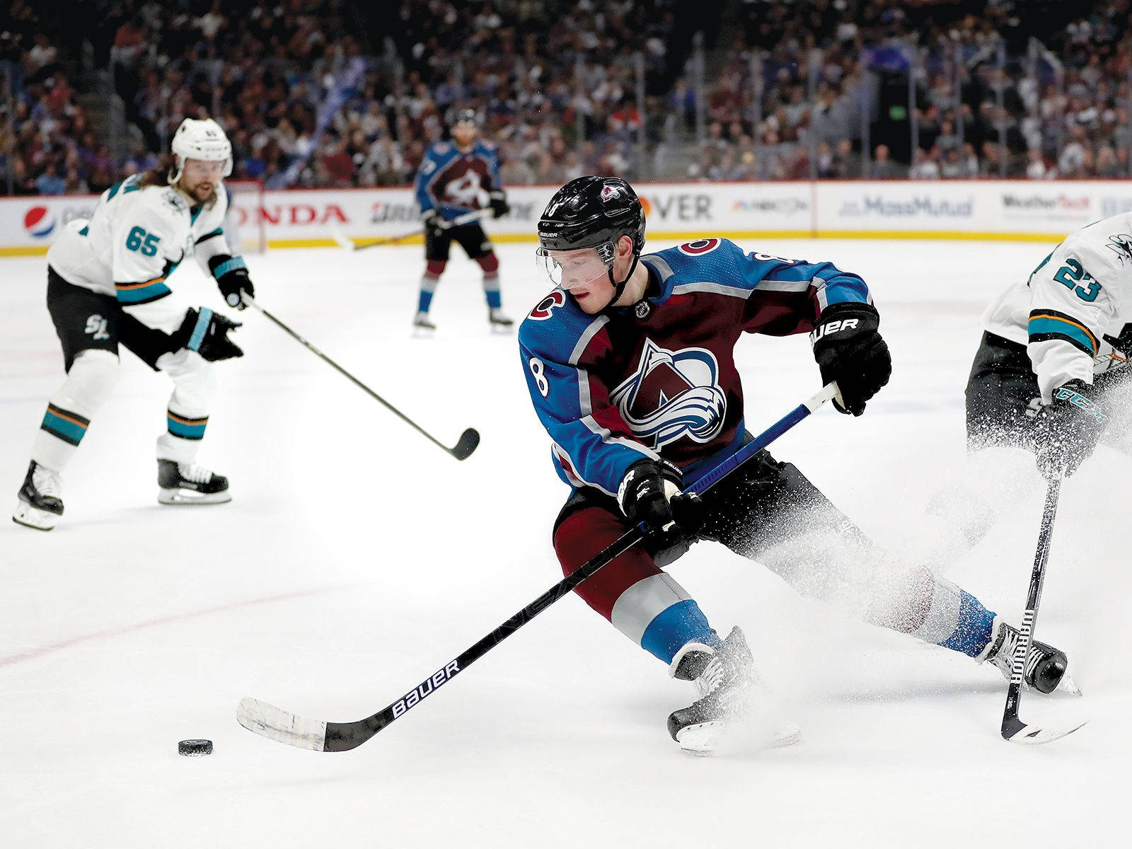 Cale Makar Attacking San Jose Sharks Background