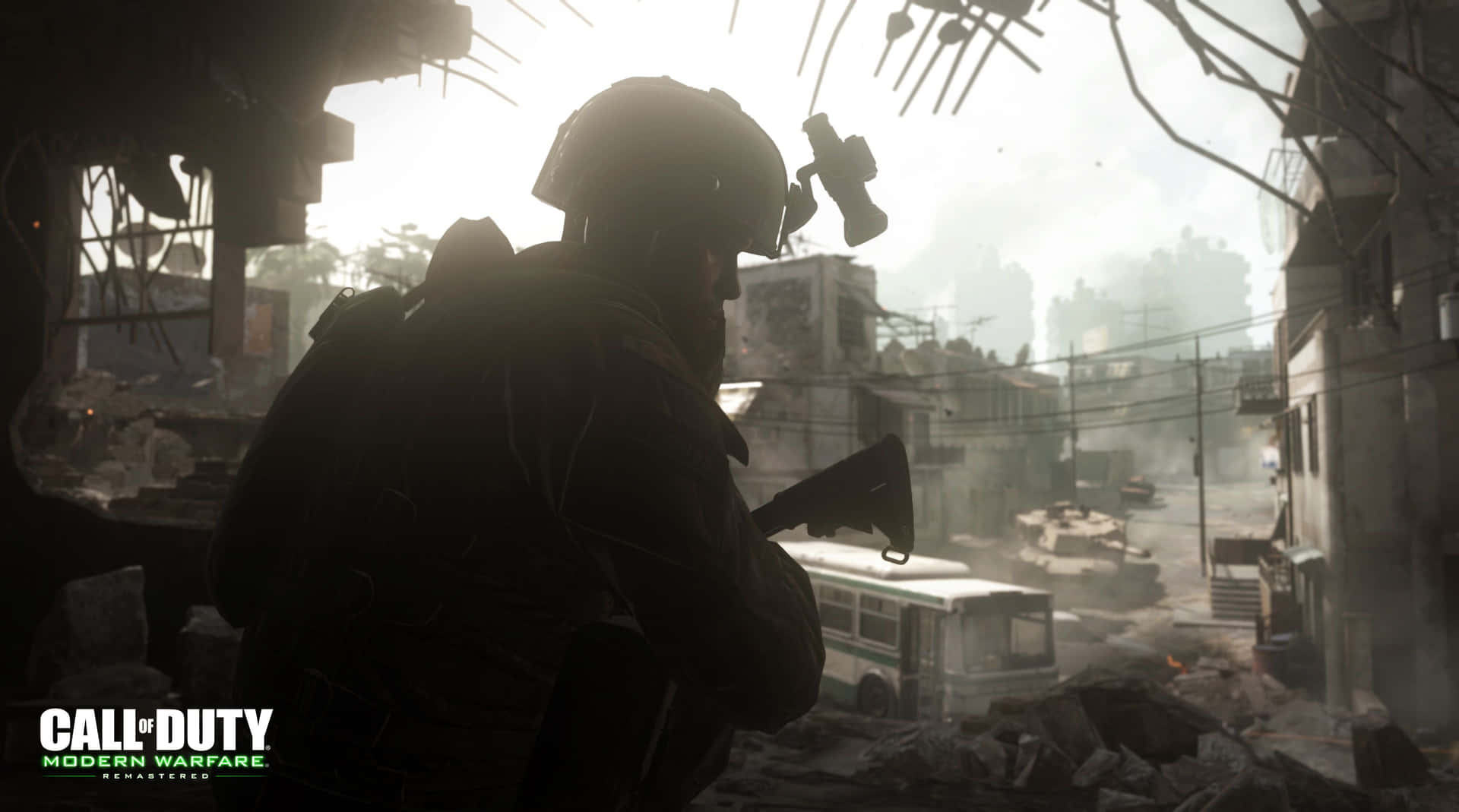Callof Duty Modern Warfare Soldier Overlooking Destruction Background