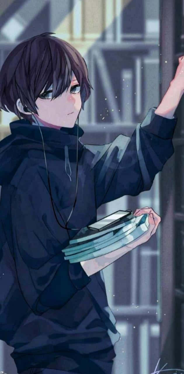 Calm Anime Boy Collecting Books