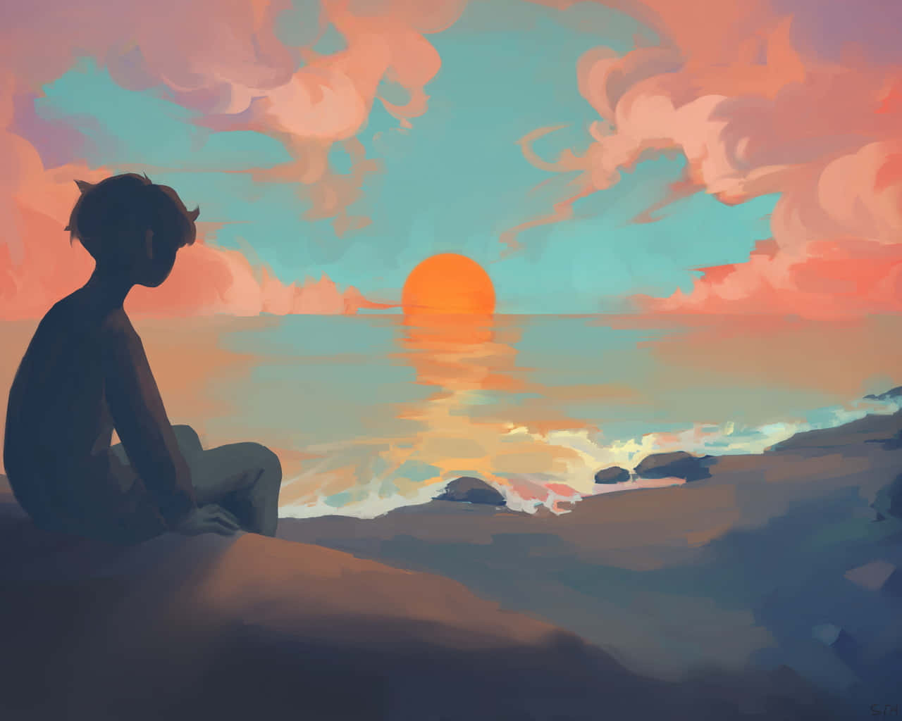 Calm Anime Orange Sun Background