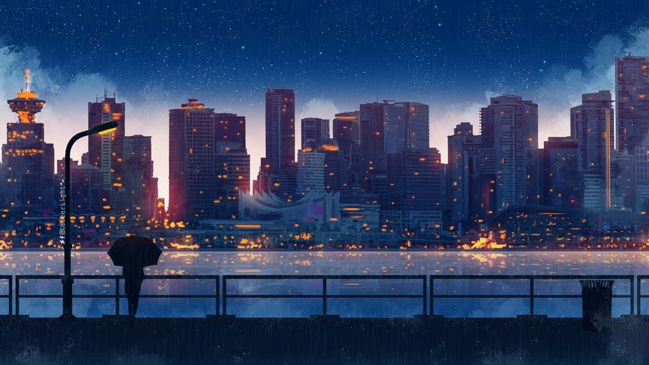 Calm Anime River Near Buildings Background