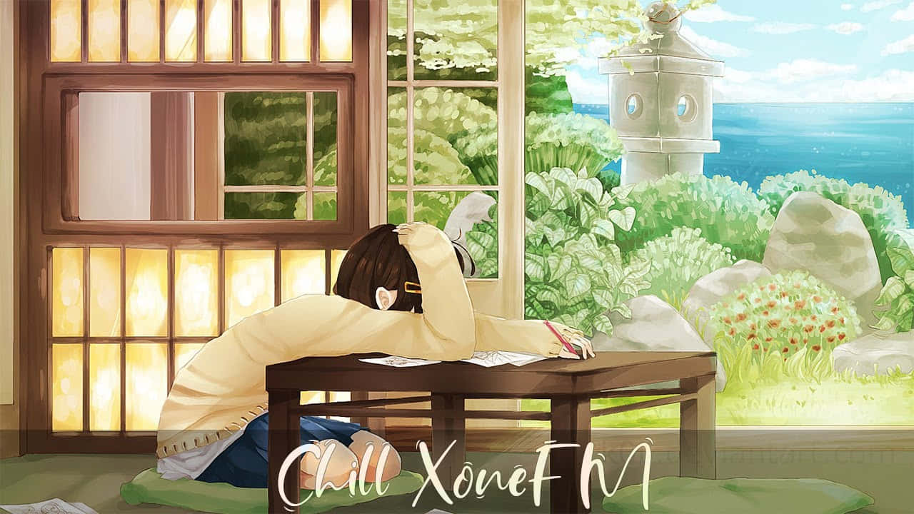 Calm Anime Scenery Studying Girl Background