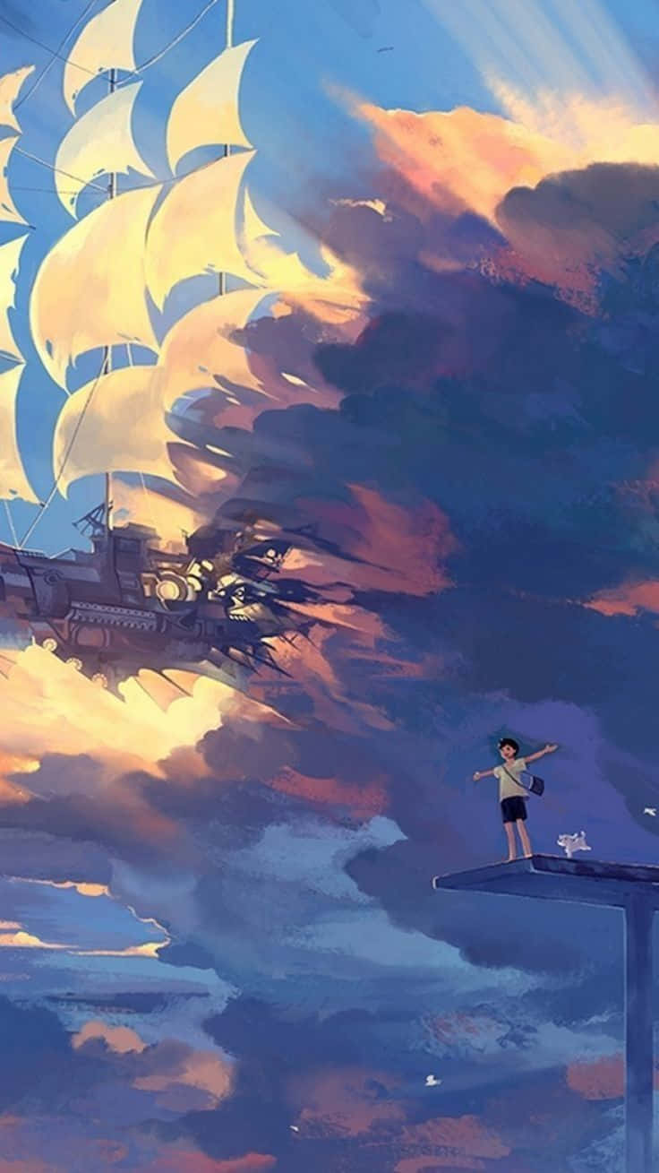 Calm Anime Ship On Sky Background