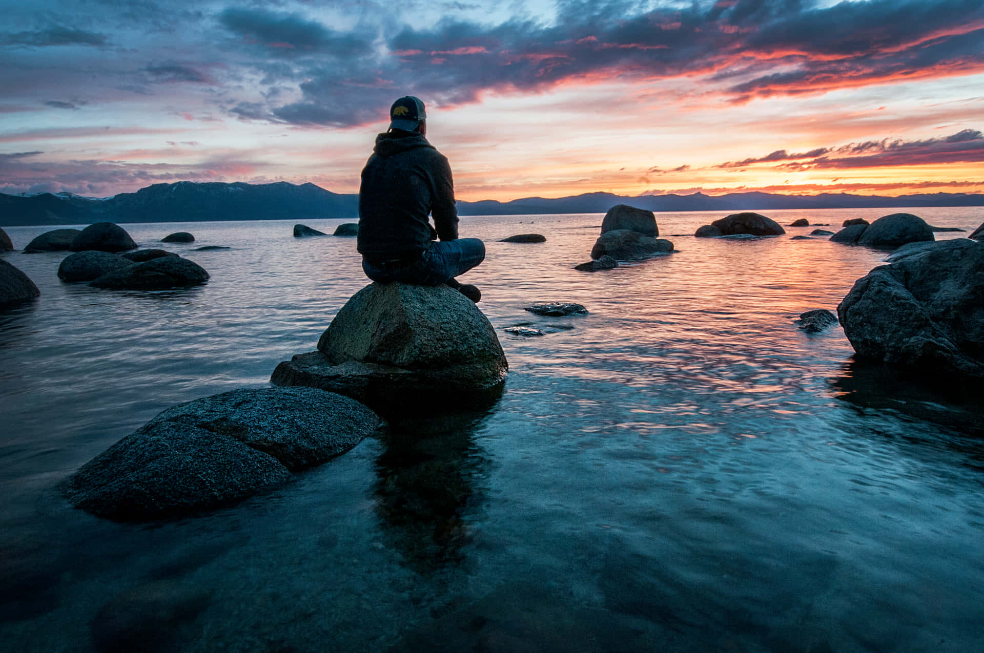 Calm Sea Boy Sit Down Background