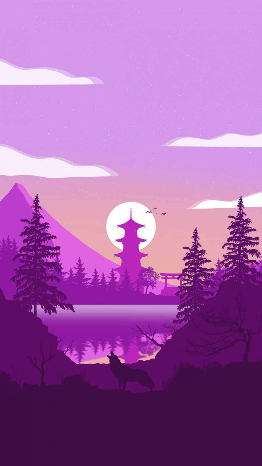 Calm, Serene Japanese Garden With Opulent Purple Hues Background
