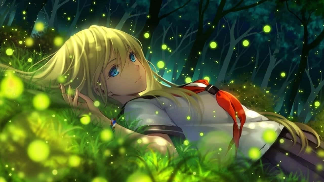 Calmly Lying Girl Green Fireflies