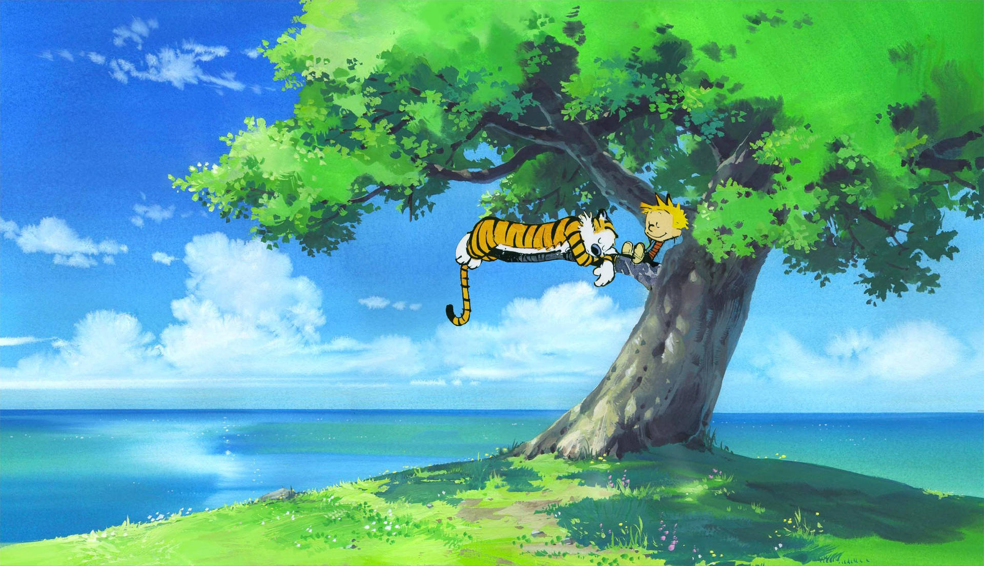 Calvin And Hobbes In Big Tree Background